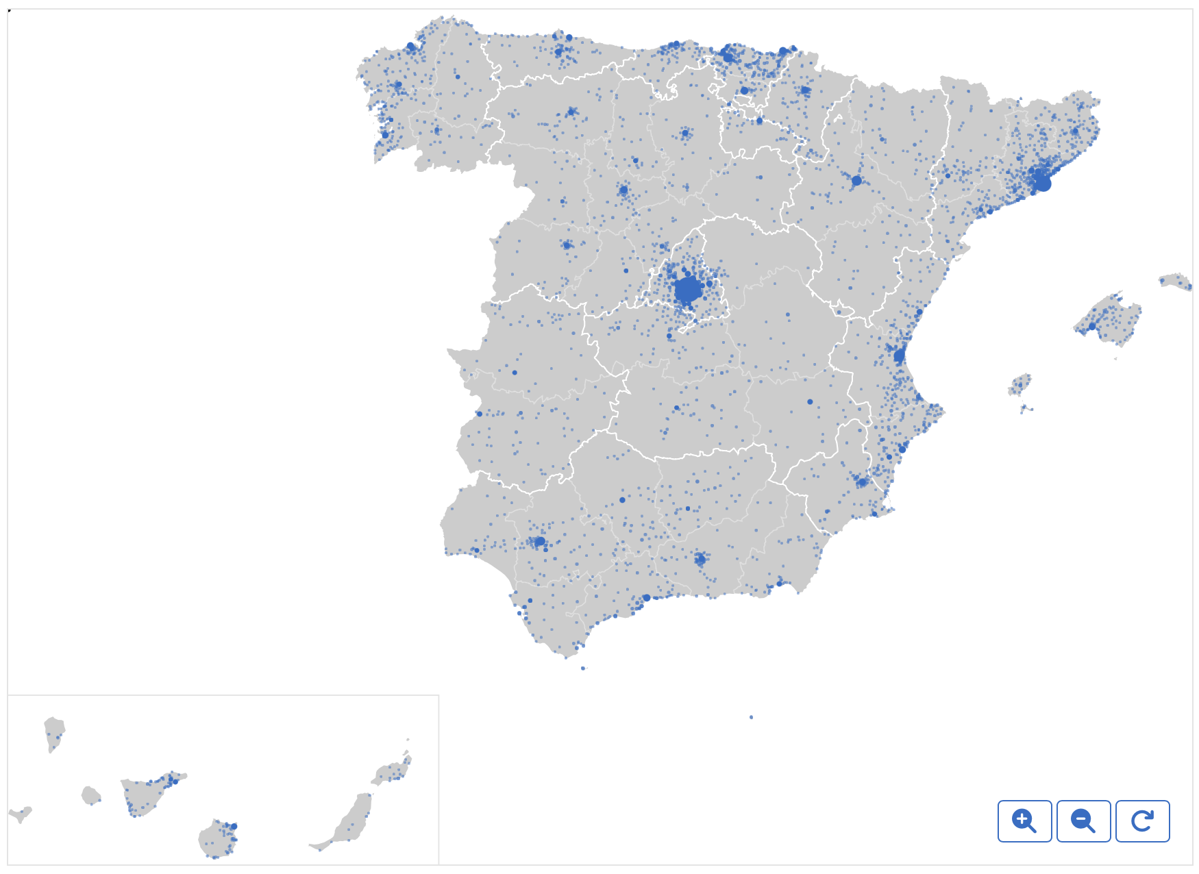 Mapa de España con las áreas sombreadas de clientes de Indexa